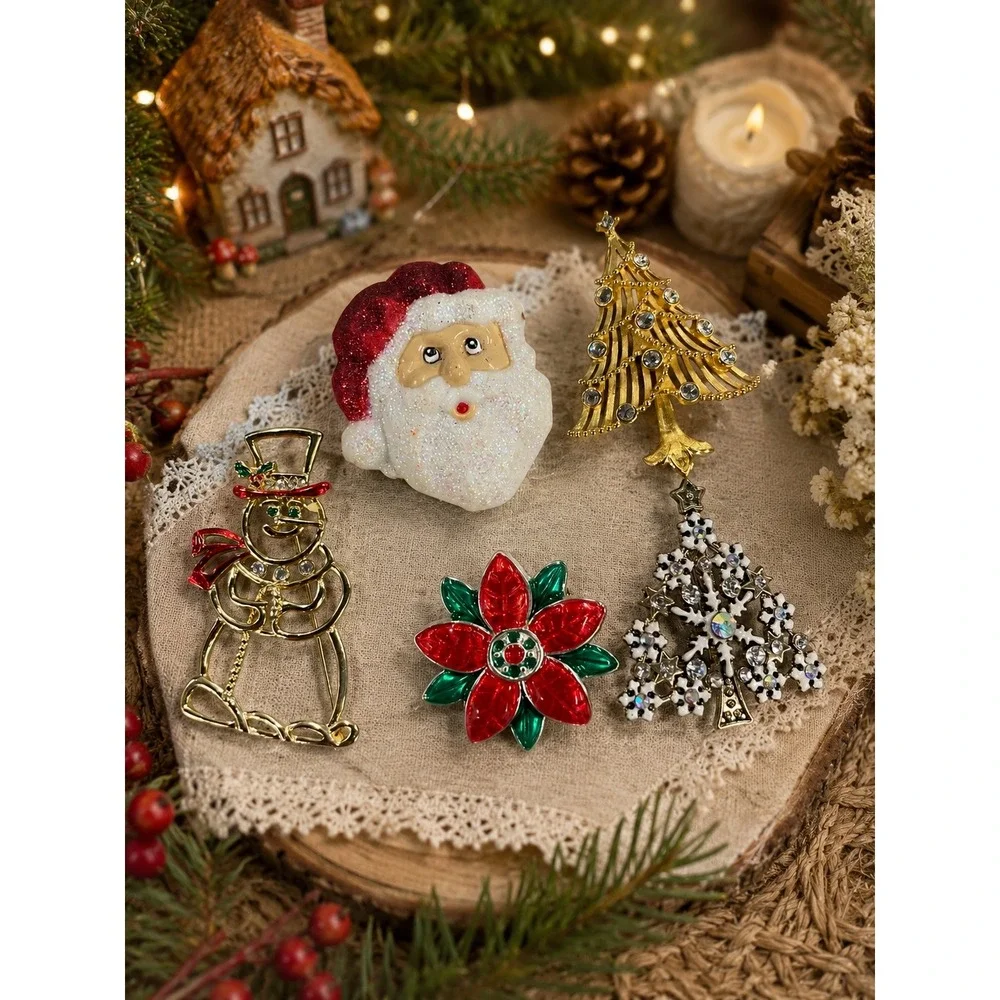 Vintage Christmas Brooch Lot 5pc Santa Snowman Poinsettia Christmas‎ Tree Pins